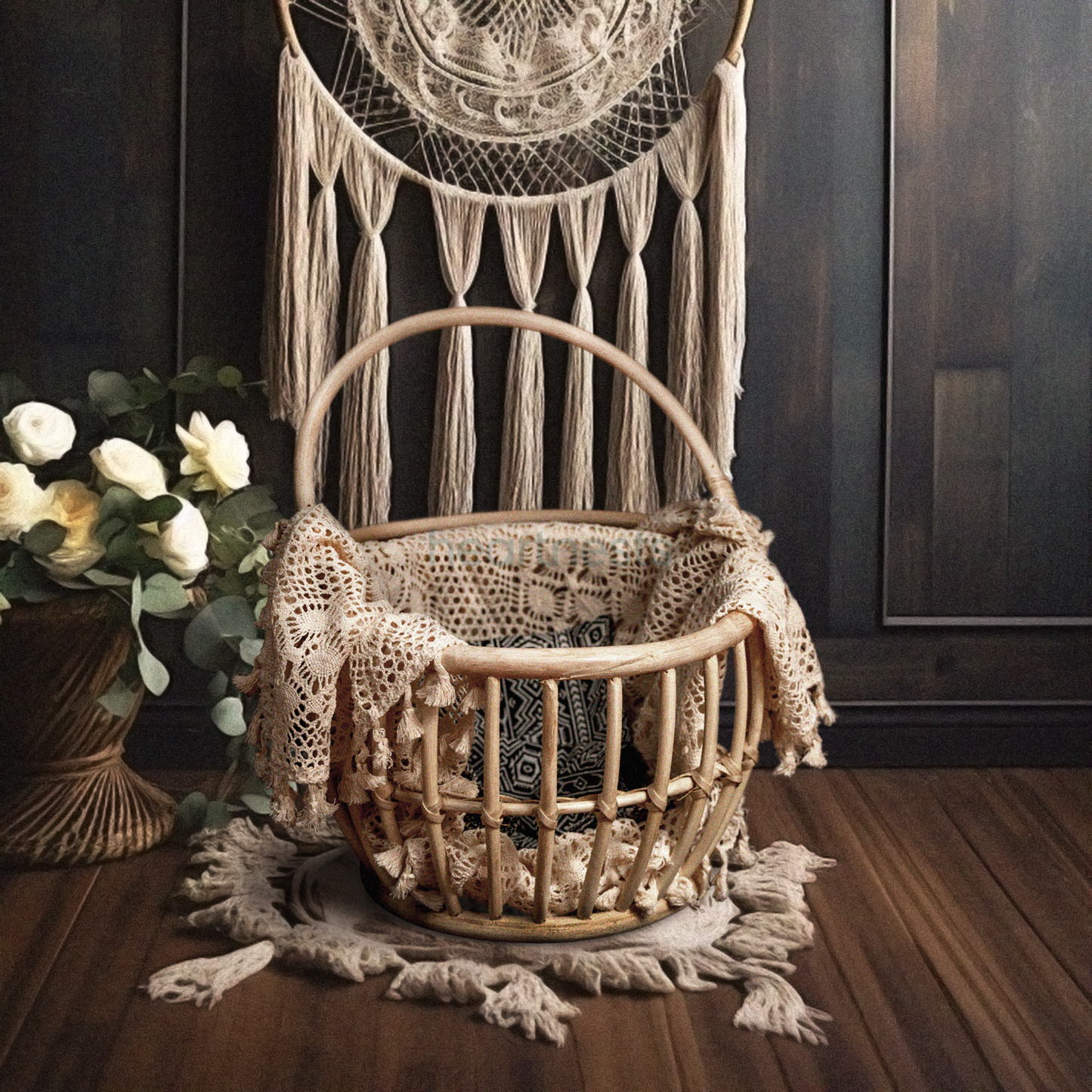 A Heartnests' Kira Rattan Baby Prop Basket with handles is placed on a dark brown wooden flooring next to a seagrass flowrer basket and in front of a white macrame