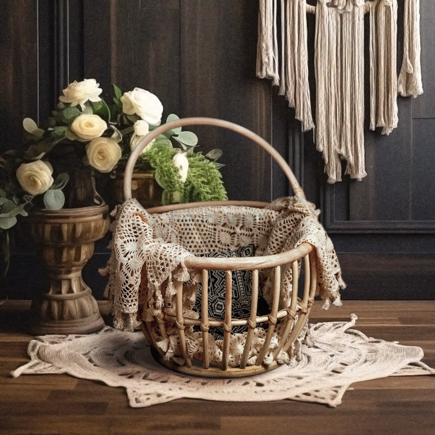 A Heartnests' Kira Rattan Baby Photography Basket with handles is placed on a piece of star shape white macrame on dark brown wooden flooring and in front of a white macrame and a seagrass flower basket