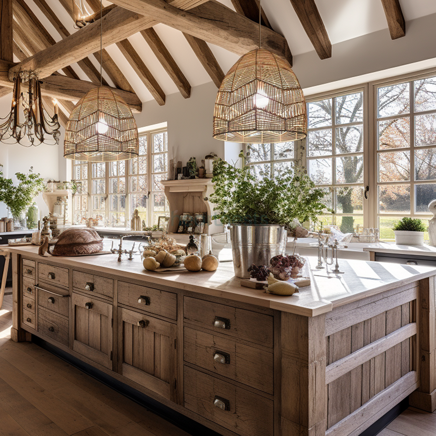 2 large Lacy rattan wicker lights are hung side by side in a kitchen area, above a timber kitchen island