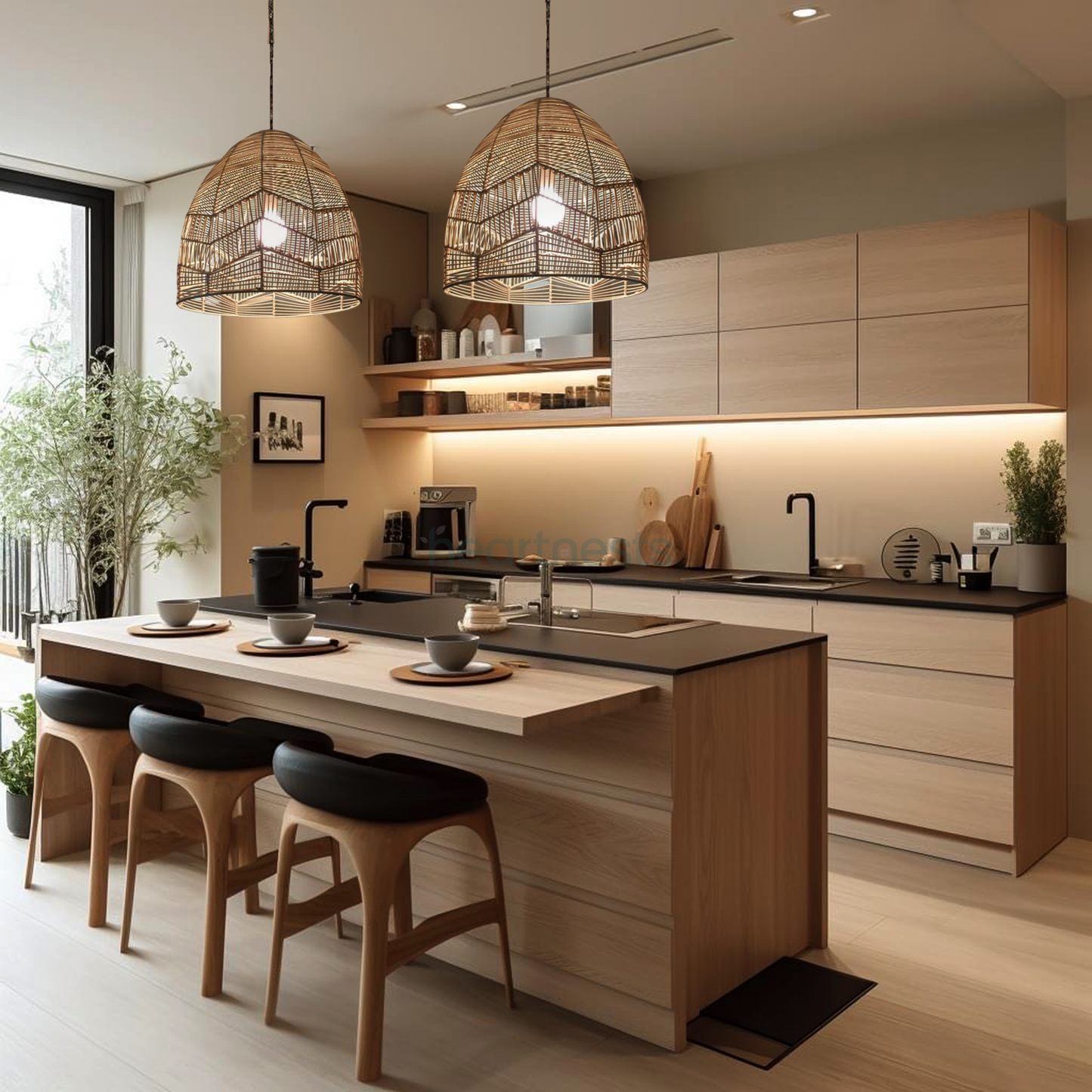 2 large Lacy rattan lace pendant lights are hung side by side in a kitchen area, above a timber kitchen island with 2 black seat wood kitchen stools