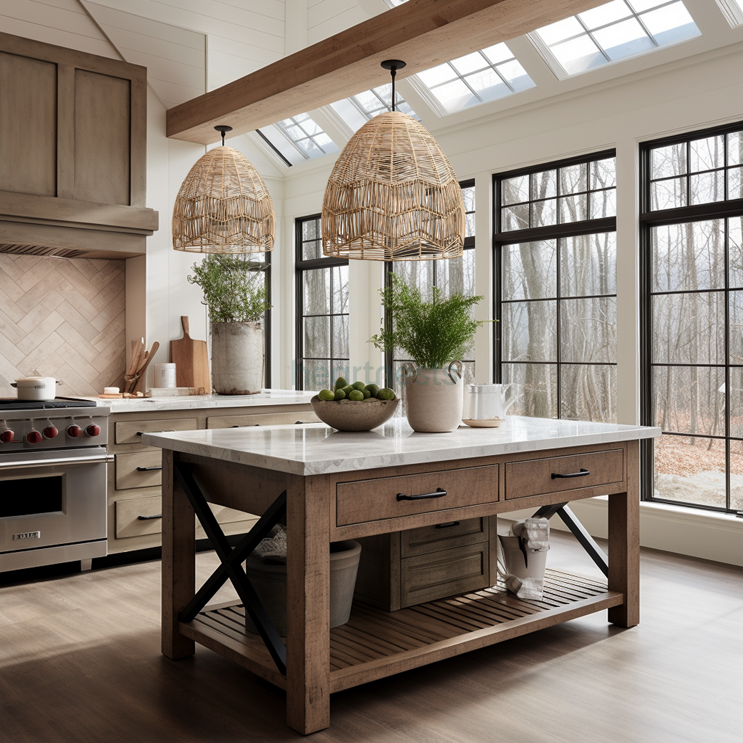 2 large Lacy rattan wicker lights are hung side by side in a kitchen area, above a timber kitchen island inspired by modern farmhouse decor style