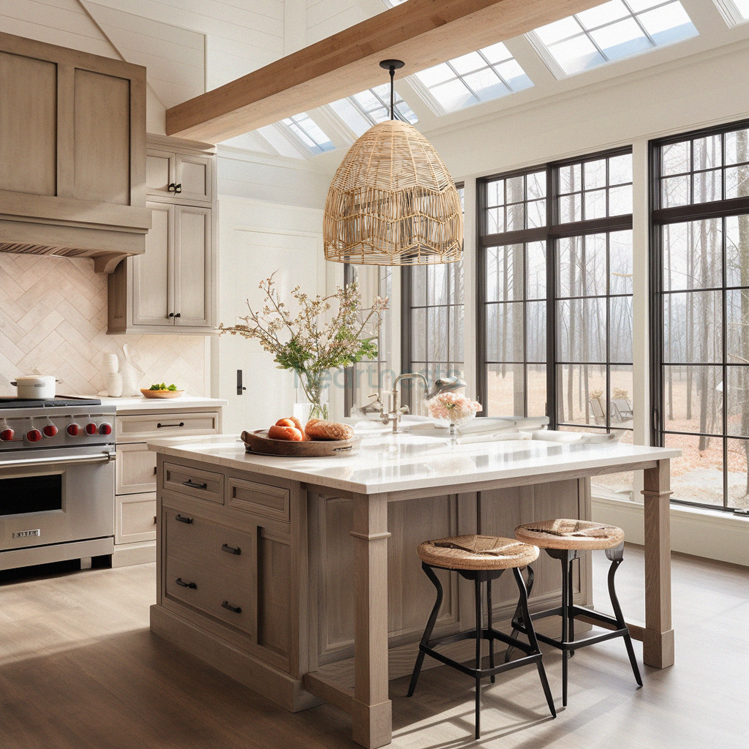 A Lacy rattan lampshade is hung above a timber kitchen island inspired by modern farmhouse decor style