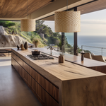 2 Heartnests' Lifa Wicker Hanging Lights are hung above a wooden kitchen island with a big window looking out to the ocean