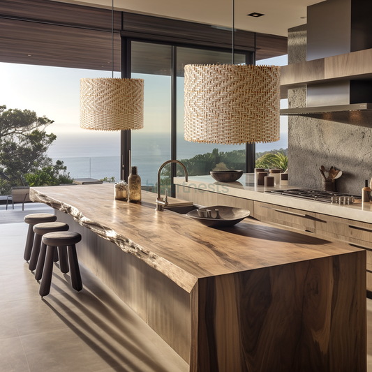 2 Heartnests' Lifa Rattan Pendant Lights are hung above a coastal farmhouse style kitchen island in a kitchen with view looking out to the ocean