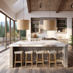 2 Heartnests' Lifa Wicker Hanging Lights are hung above a marble top kitchen island in a farmhouse kitchen