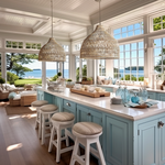 2 of Heartnests' Lombok Jute Wicker Lampshades are hung above a blue hue kitchen island with white marble top and 2 rattan chairs in a coastal farmhouse style kitchen with a big window looking out to the ocean