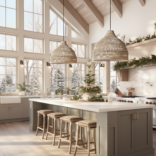 2 of Heartnests' Lombok Seagrass Pendant Lights are dropped down from timber ceiling, hung side by side over a mint hue color kitchen island with marble top and 4 wooden dining stools in a farmhouse style kitchen with a big bright window