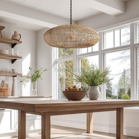 A Hearnests' Maldives Rattan Pendant Light is hung above a wooden dining table in a country farmhouse style kitchen