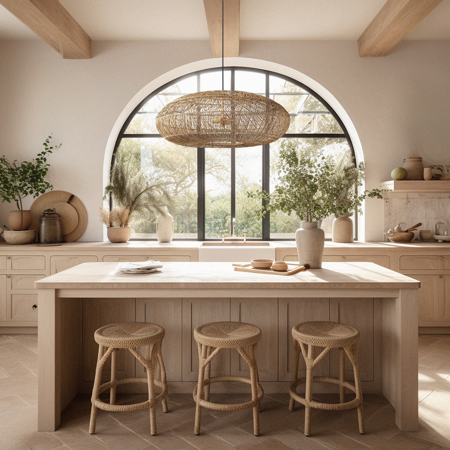 A Heartnests' Maldives Rattan Hanging Light is hung above farmhouse style wooden kitchen island in a farmhouse style kitchen