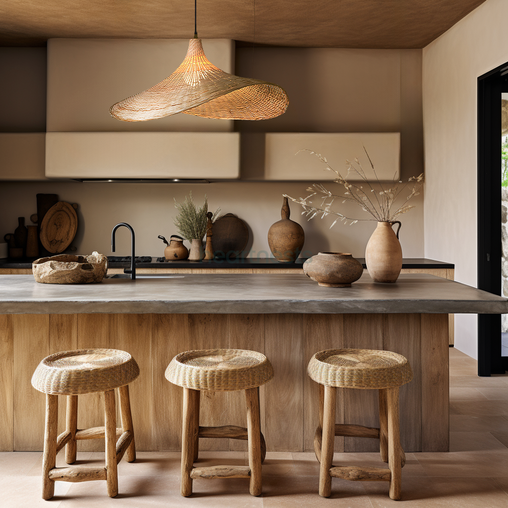 A Heartnests' Mexica Wicker Hanging Lampshade is hung above a wooden kitchen island with dark grey colour marble top and 3 rattan kitchen stools in a Wabi Sabi style kitchen