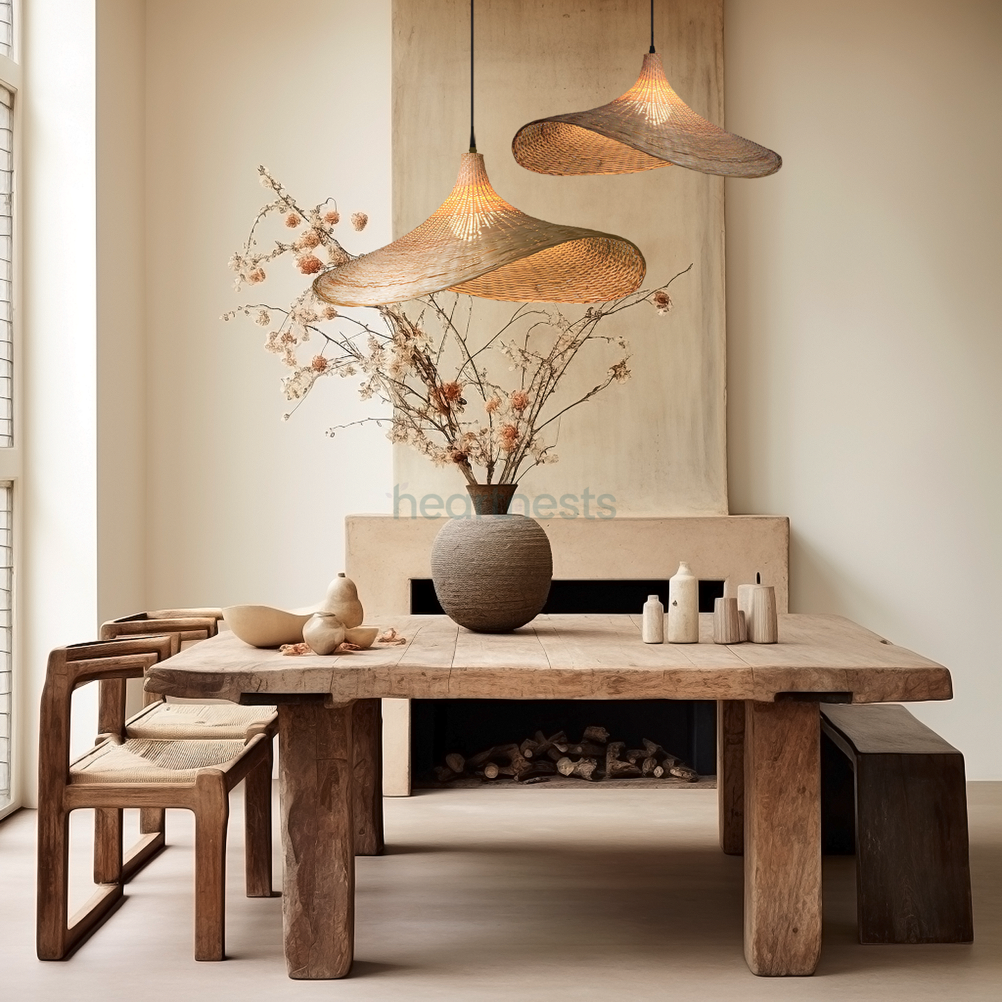 2 of Heartnests' Mexica Wicker Hanging Lights are hung at different heights above a large rectangular wooden dining table dining with 2 wooden benches and a terra cotta vase with flower branches in a rustic Wabi Sabi style kitchen