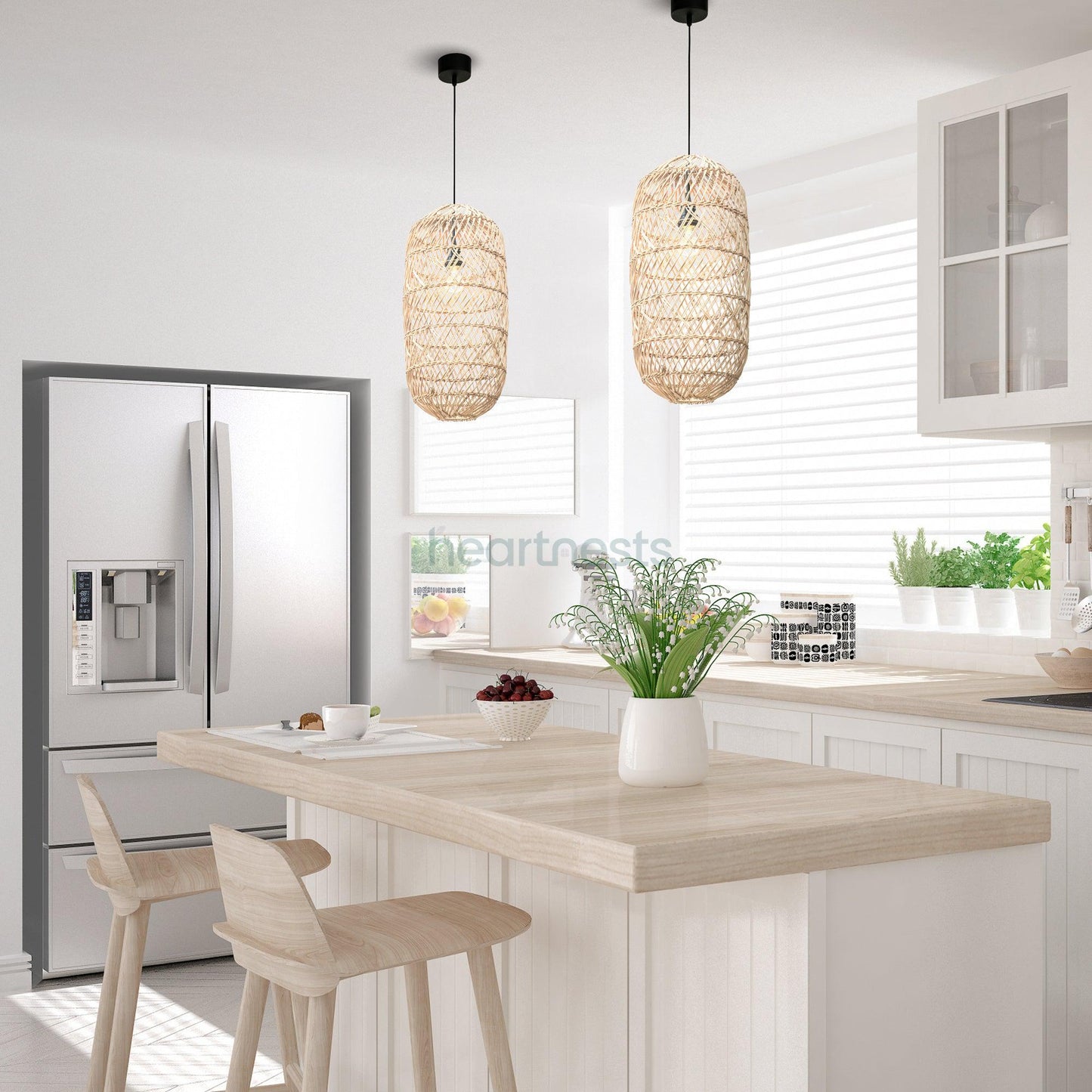 2 of Heartnests' Moreton Wicker Pendant Lights are hung side by side above a light grey was colour wooden kitchen island with 2 wooden kitchen stools in a contemporary style kitchen