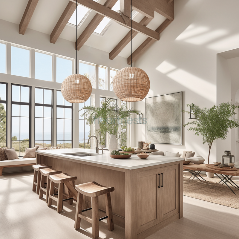 2 of Heartnests' Preethy Wicker Pendant Lights are hung above a kitchen island with 4 rattan chairs in an open kitchen with large window 