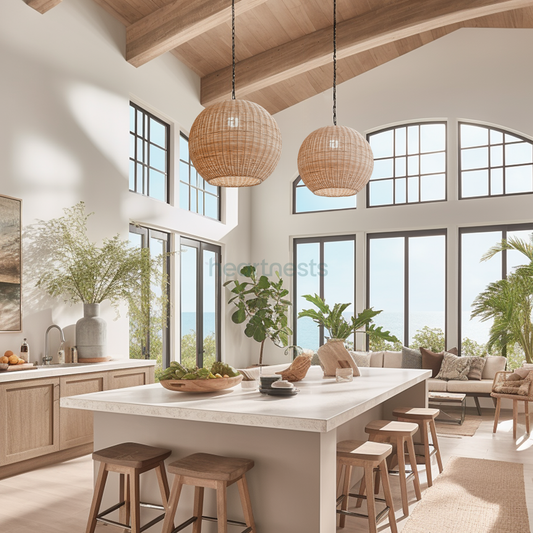 2 of Heartnests' Preethy Wicker Pendant Lights are hung above a kitchen island with 4 rattan chairs in an open kitchen with large window