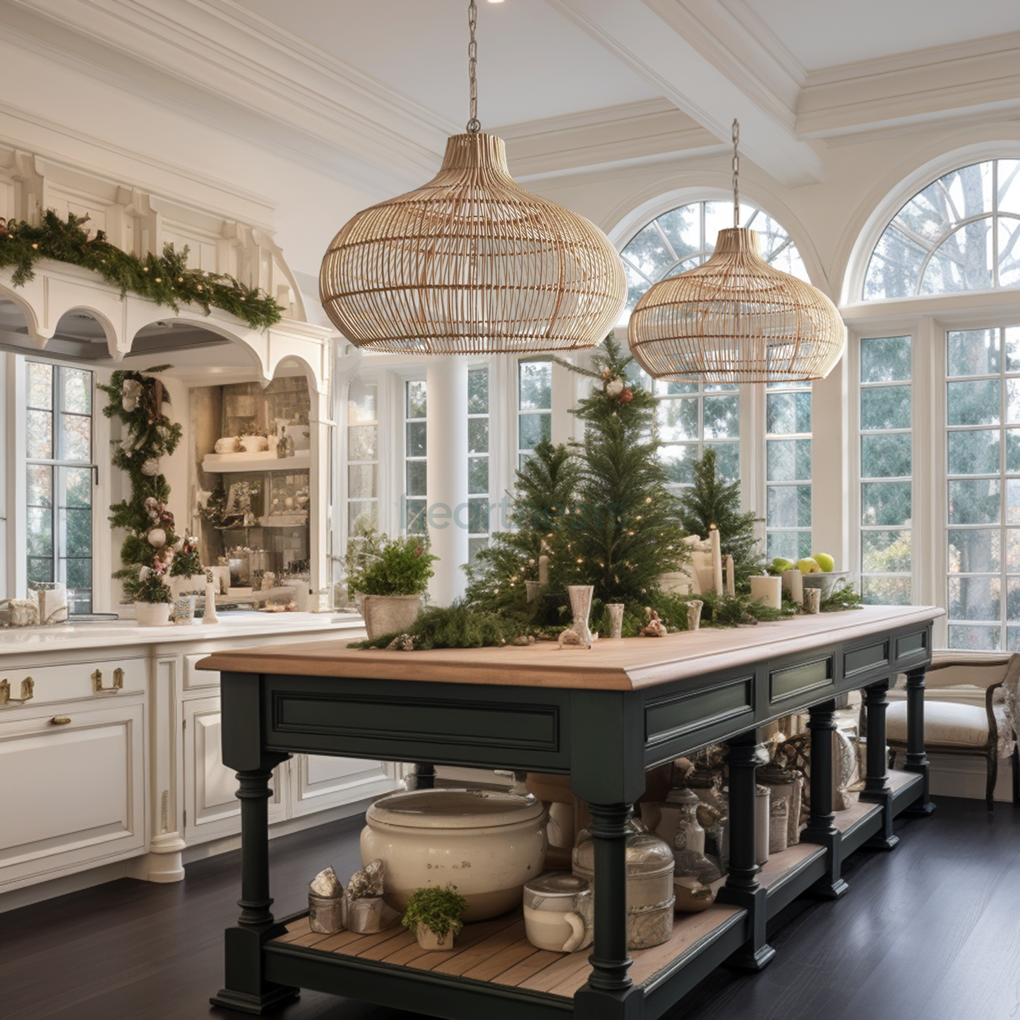 2 of Heartnests' Santa Barbara Wicker Pendant Lights are hung side by side over a wooden top kitchen island in modern farmhouse style kitchen decorated for Christmas