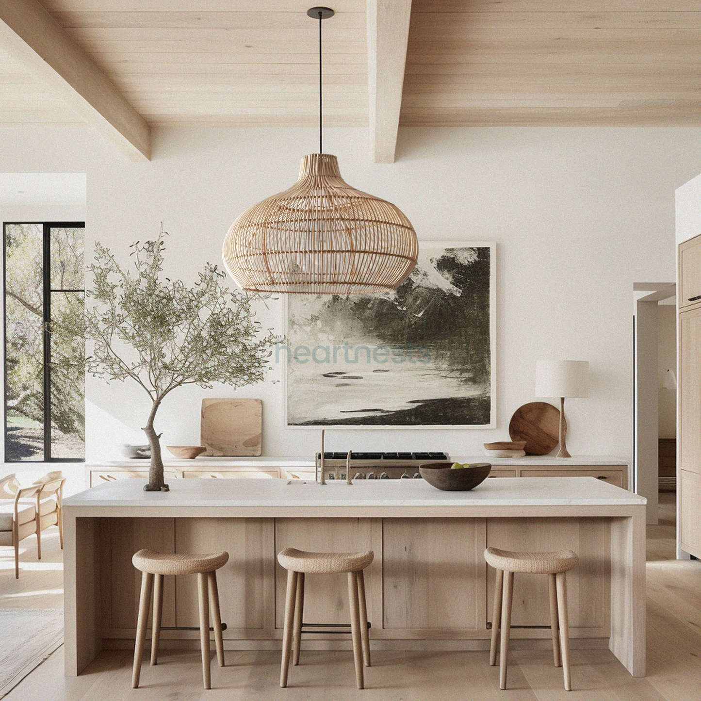 A Heartnests' Santa Barbara Rattan Pendant Light is hung above a farmhouse style kitchen island in a farmhouse style kitchen open space