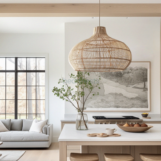 Heartnests' Santa Barbara Rattan Pendant Light is hung above a kitchen island in an open living space 