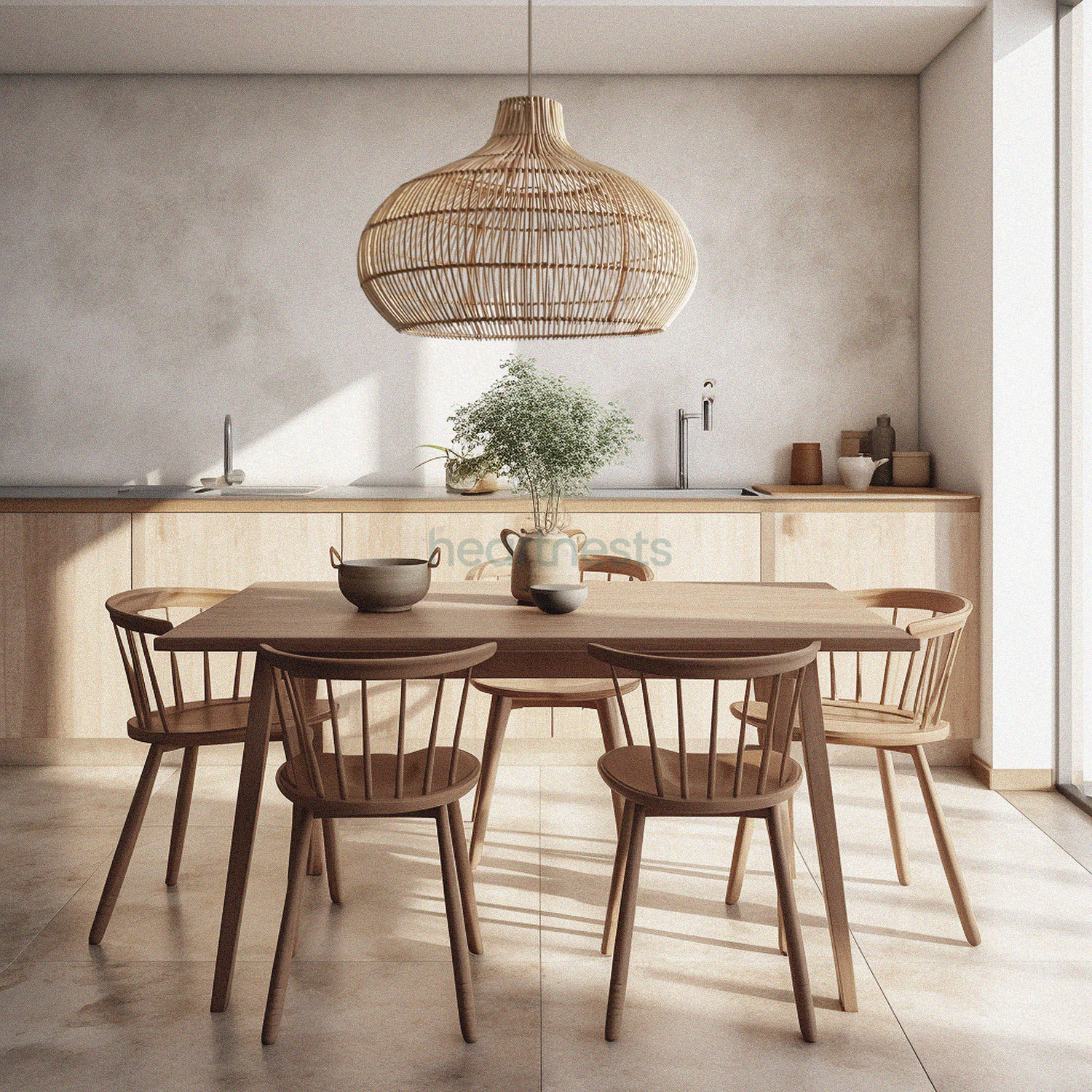 A Heartnests' Santa Barbara Rattan Pendant Light is hung above a wooden round table with 6 rattan chairs 