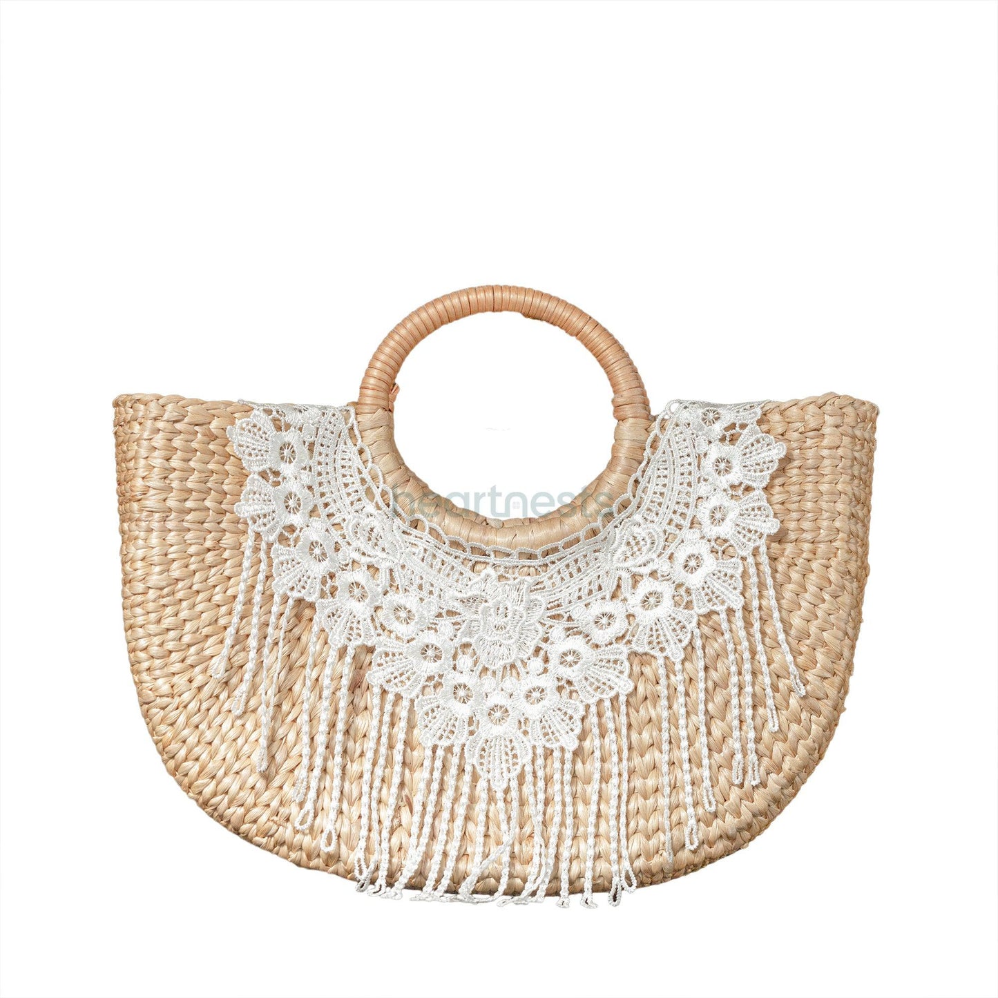 Heartnests' Sarphie Wicker Handbag with woven white lace on white background